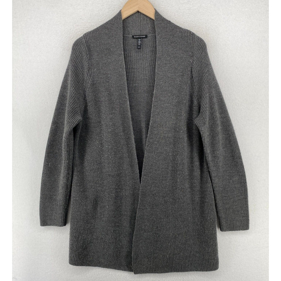 EILEEN FISHER Cardigan XS Extra Fine Merino Wool Rib Open Front Long Sleeve Gray - Picture 1 of 14